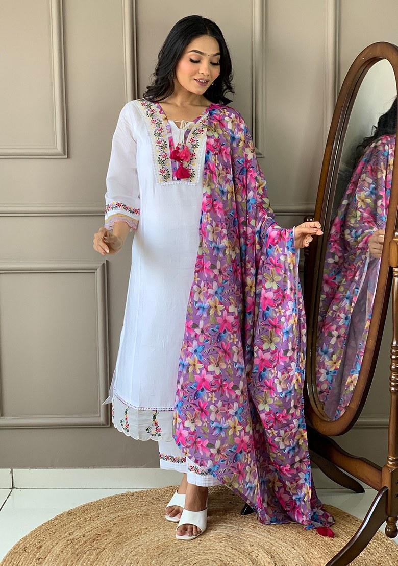 Beige Embroidered Blended Kurta Set - Indya