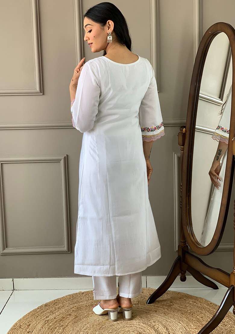 Beige Embroidered Blended Straight Kurta Set - Indya