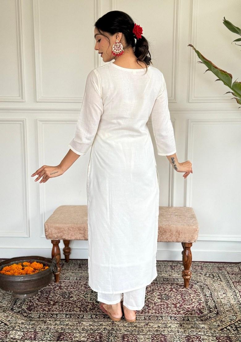 Beige Embroidered Blended Kurta Set - Indya