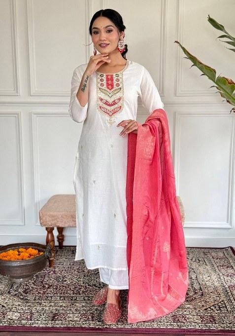 Beige Embroidered Blended Kurta Set