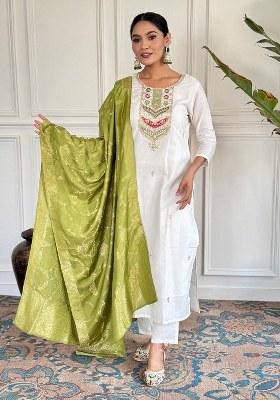 Beige Embroidered Blended Kurta Set