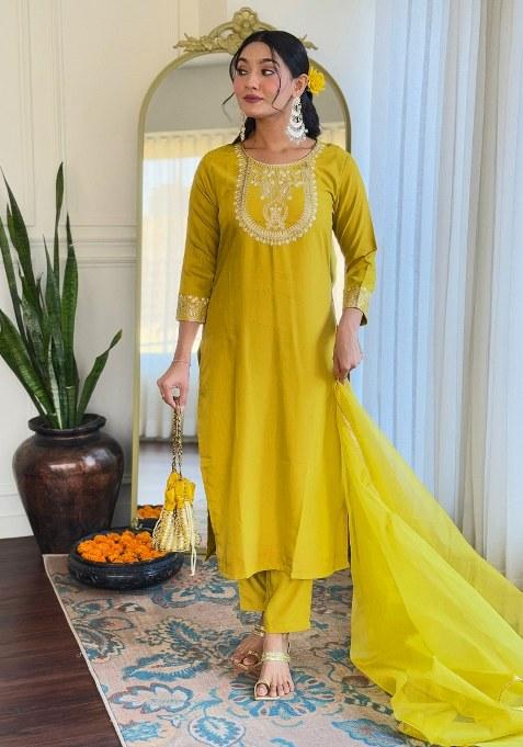 Green Embroidered Blended Kurta Set