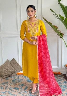 Yellow Embroidered Blended Kurta Set