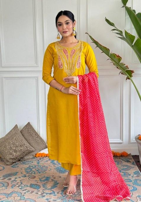 Yellow Embroidered Blended Kurta Set