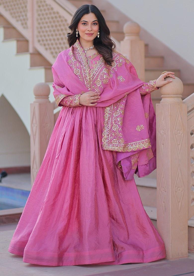 Pink Embroidered Blended Gown With Dupatta