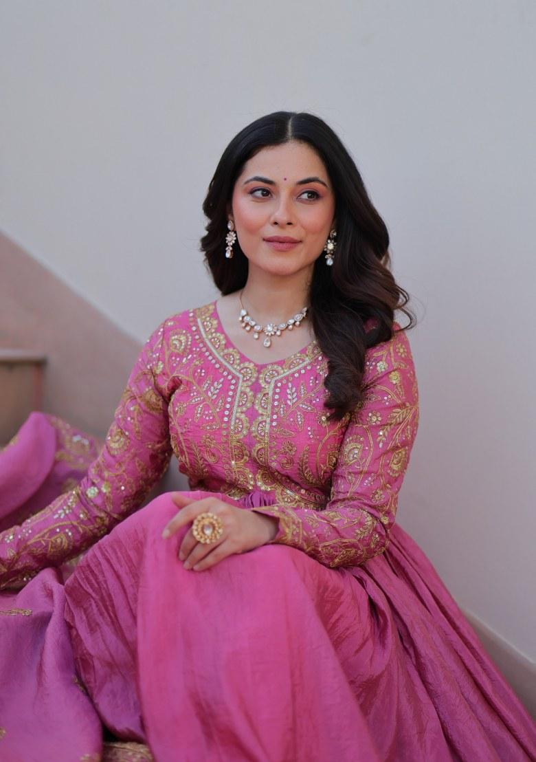 Pink Embroidered Blended Gown With Dupatta