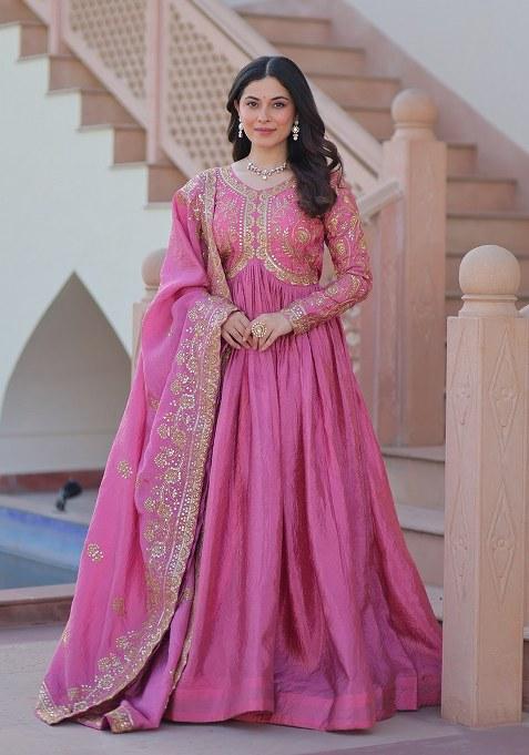 Pink Embroidered Blended Gown With Dupatta