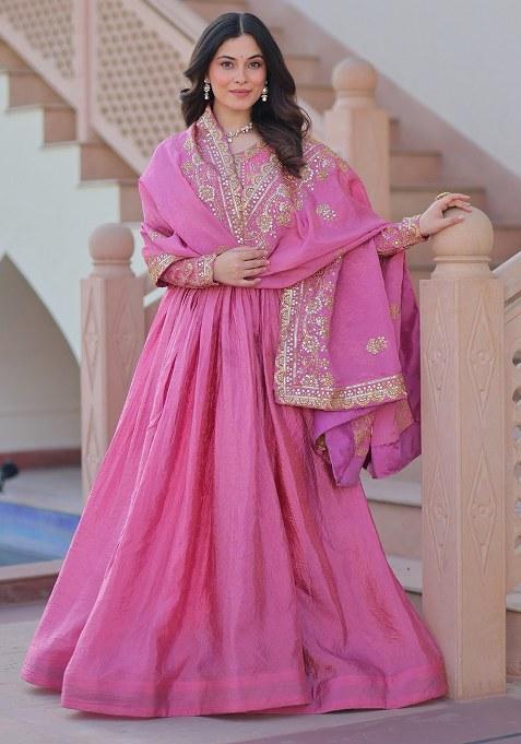 Pink Embroidered Blended Gown With Dupatta