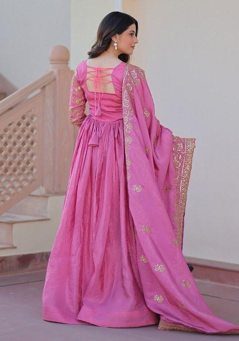 Pink Embroidered Blended Gown With Dupatta