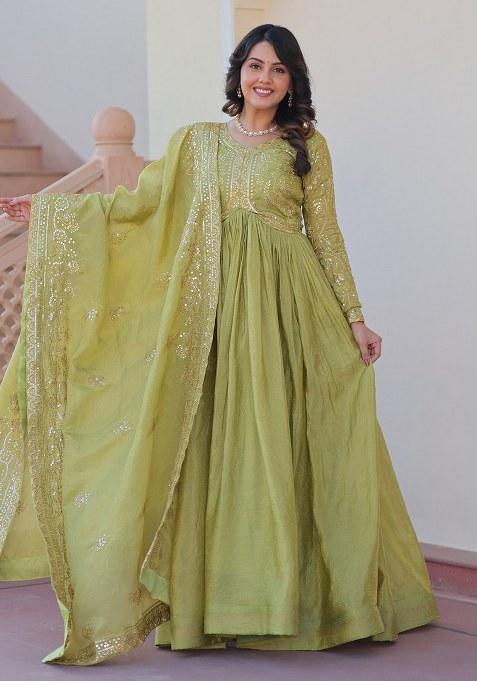 Green Embroidered Blended Gown With Dupatta