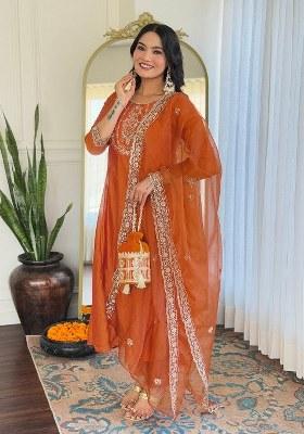 Orange Embroidered Blended Kurta Set