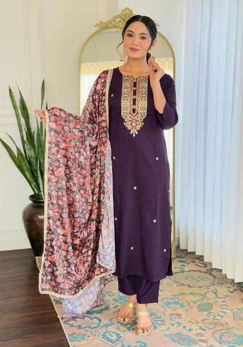 Wine Embroidered Blended Kurta Set