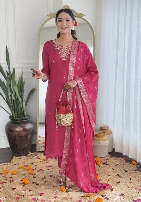 Pink Embroidered Blended Kurta Set