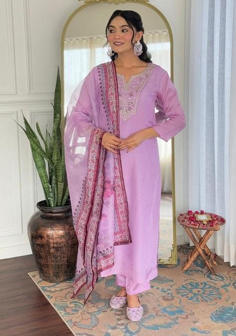 Purple Embroidered Blended Kurta Set