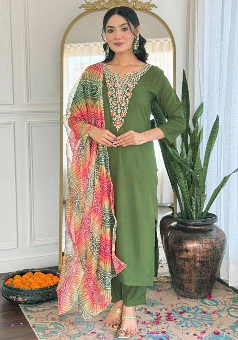 Green Embroidered Blended Kurta Set