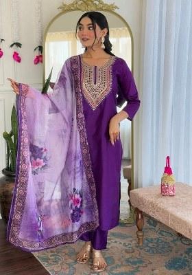 Purple Embroidered Blended Kurta Set