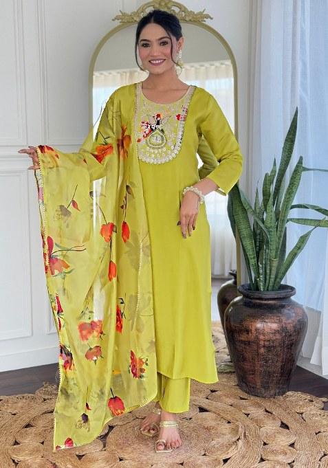 Green Embroidered Blended Kurta Set