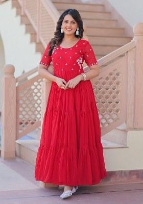 Red Embroidered Blended Gown