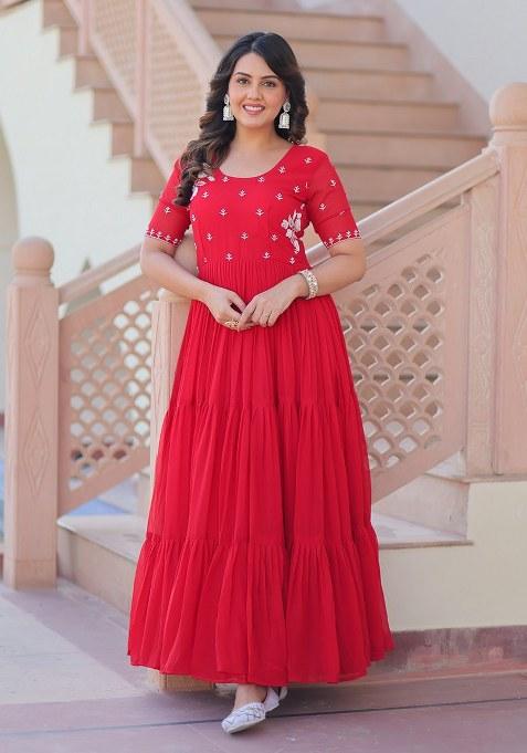 Red Embroidered Blended Gown