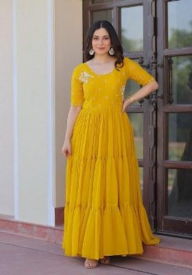 Yellow Embroidered Blended Gown