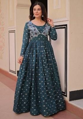 Green Embroidered Blended Gown