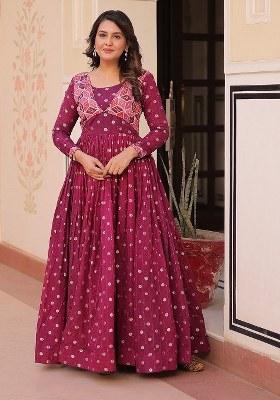 Wine Embroidered Blended Gown