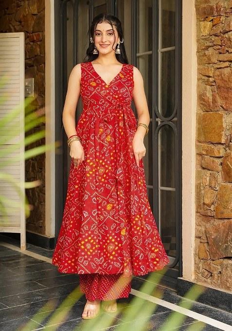 Red Embroidered Blended Kurta Set