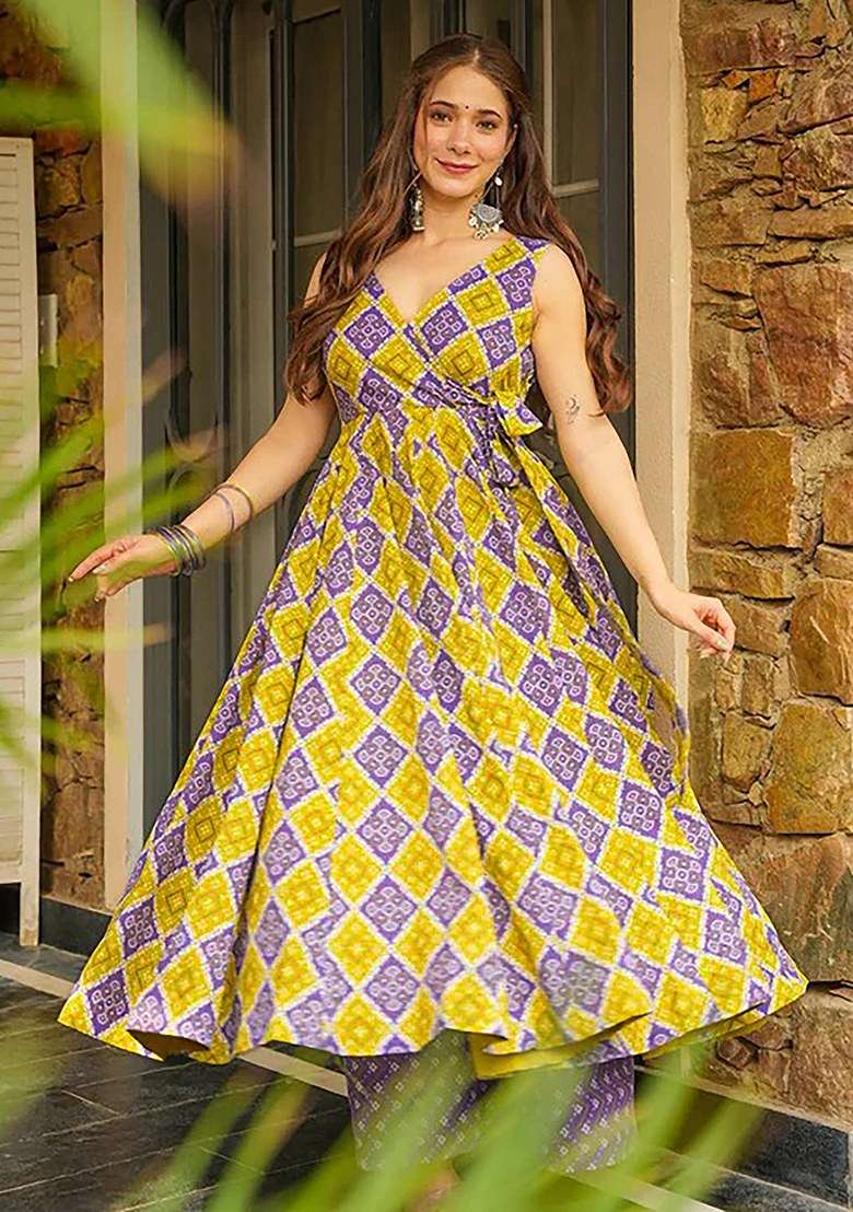 Multi Printed Blended Anarkali Set - Indya