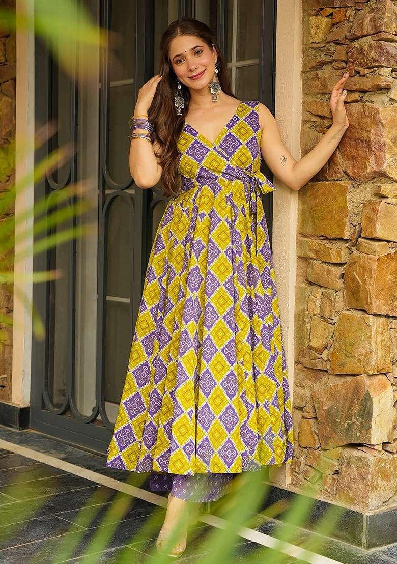 Multi Printed Blended Anarkali Set - Indya