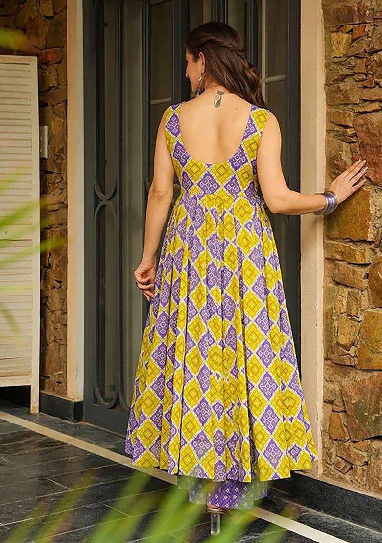 Multi Printed Blended Anarkali Set - Indya