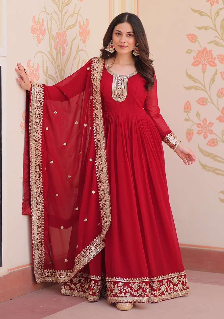 Maroon Embroidered Blended Anarkali Set - Indya