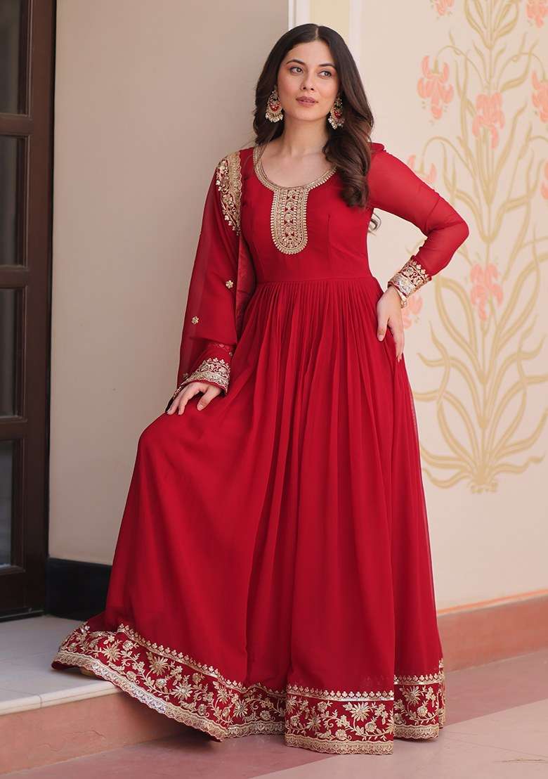 Maroon Embroidered Blended Anarkali Set - Indya