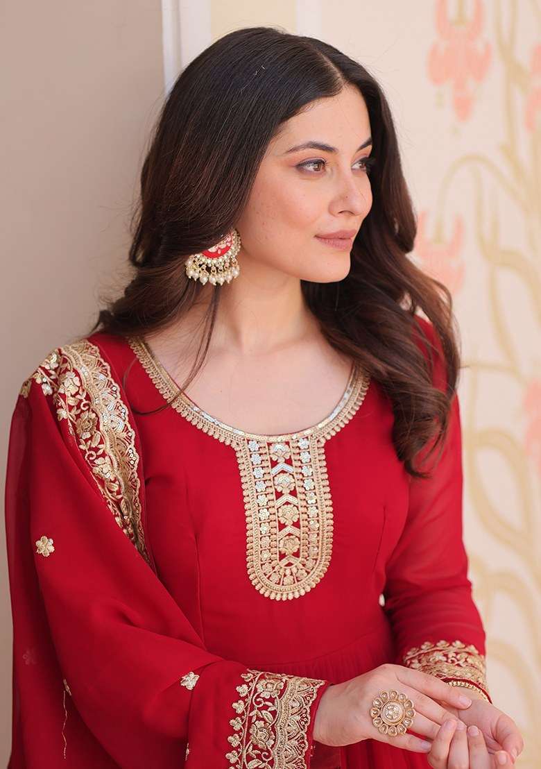 Maroon Embroidered Blended Anarkali Set - Indya