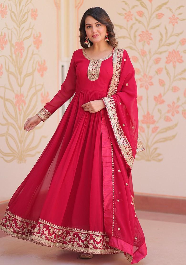 Pink Embroidered Blended Gown With Dupatta