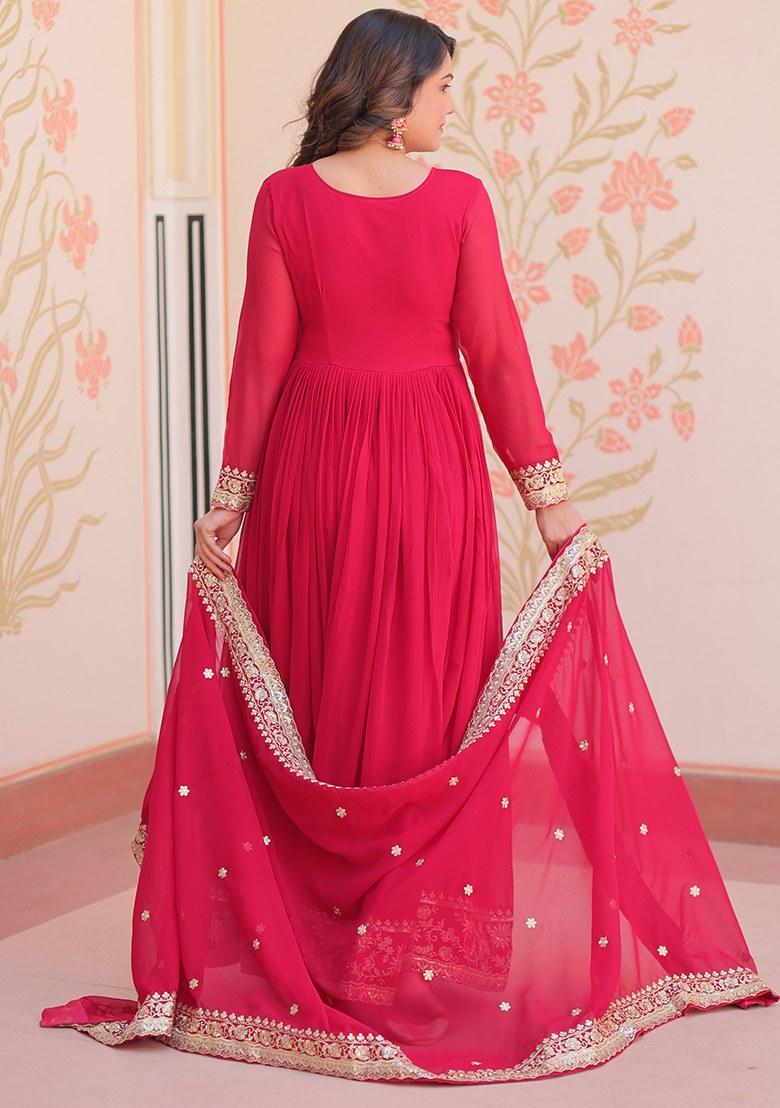 Pink Embroidered Blended Gown With Dupatta