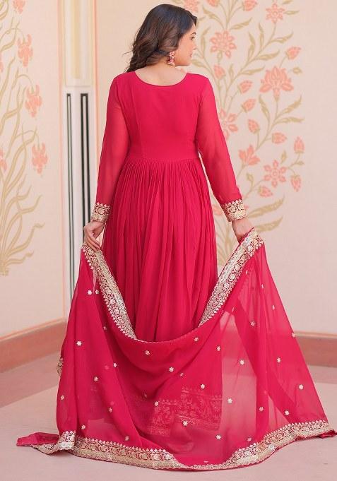 Pink Embroidered Blended Gown With Dupatta