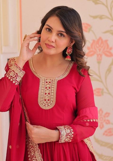 Pink Embroidered Blended Gown With Dupatta