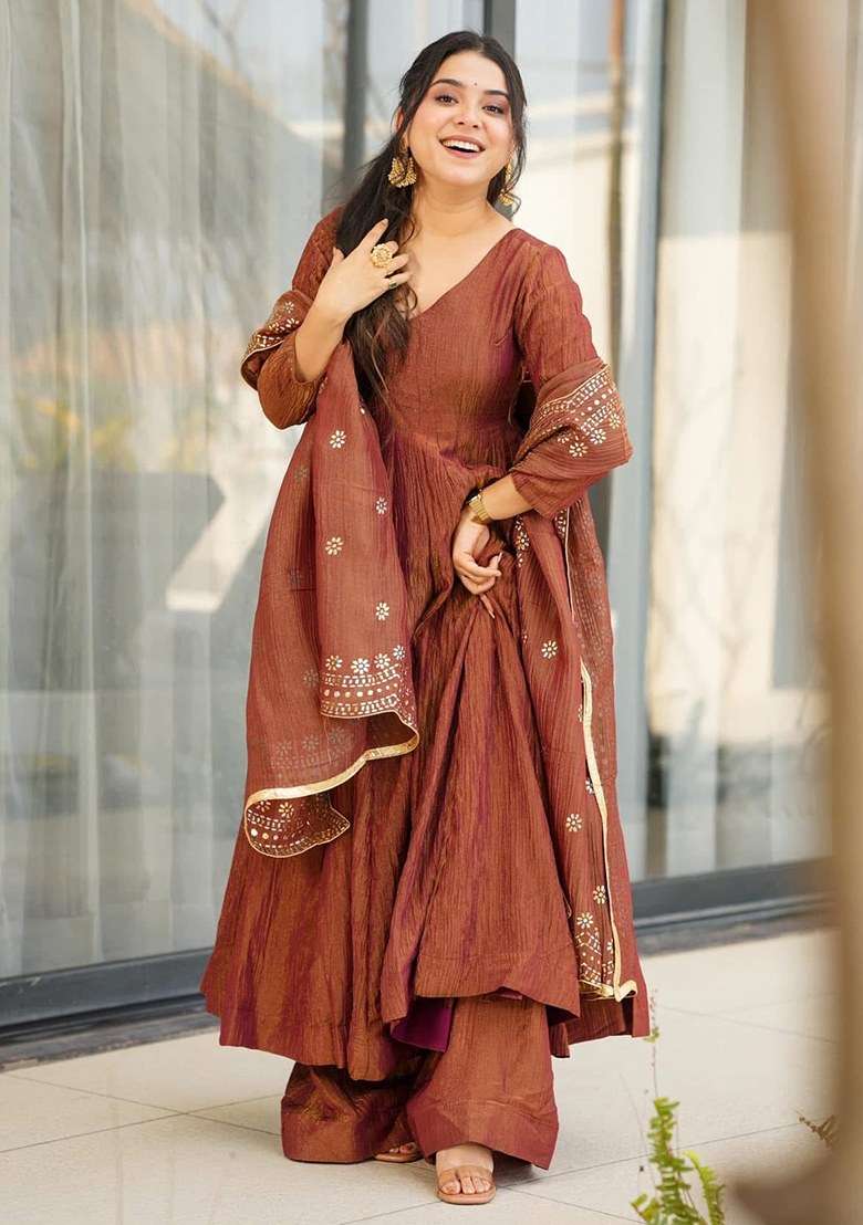 Brown Embroidered Blended Sharara Set - Indya
