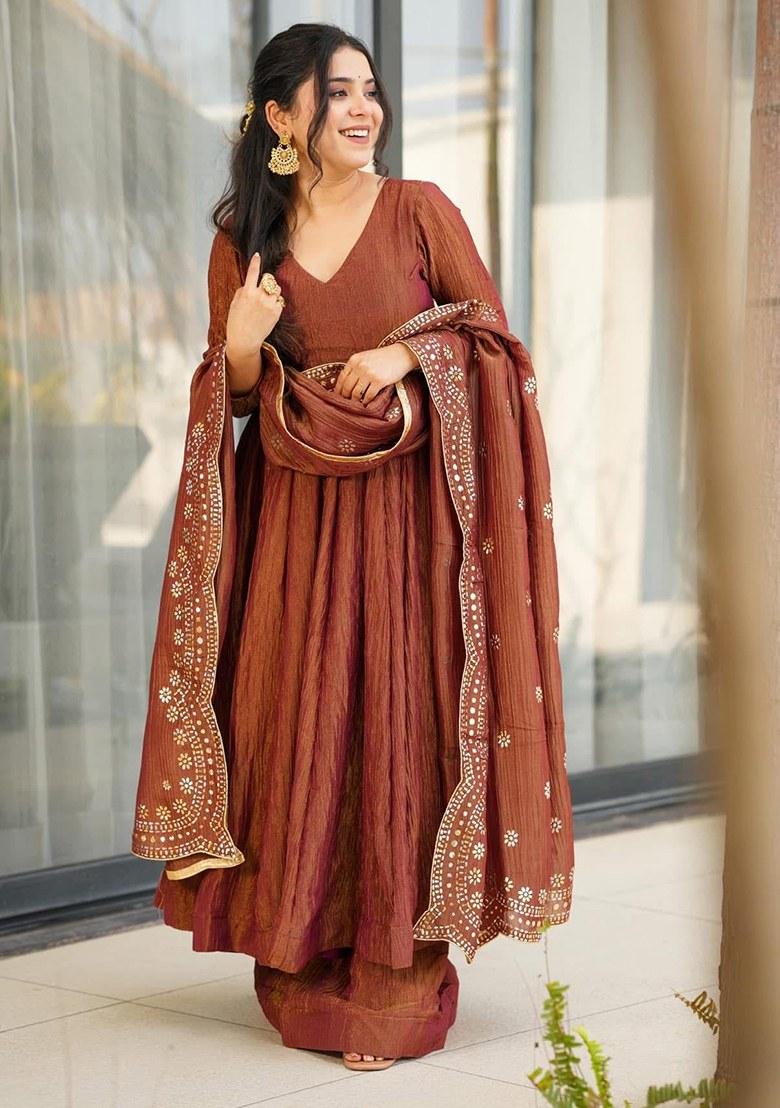 Brown Embroidered Blended Kurta Set - Indya