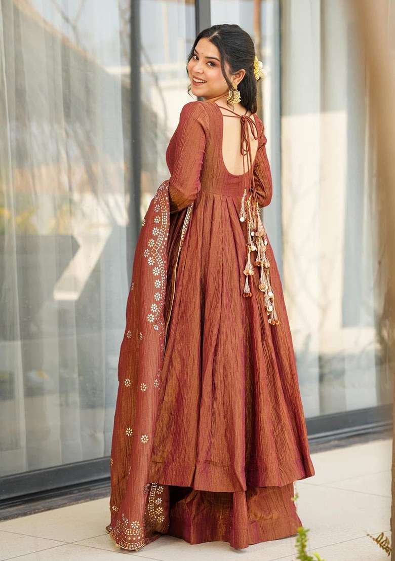 Brown Embroidered Blended Sharara Set - Indya