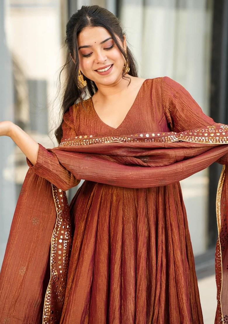 Brown Embroidered Blended Kurta Set - Indya