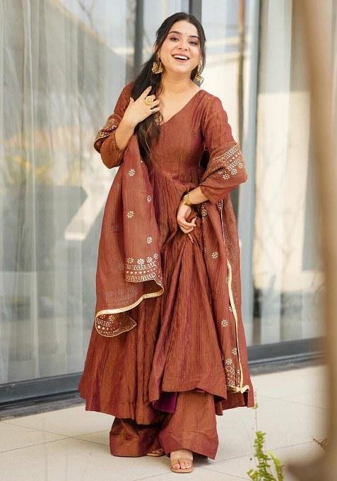 Brown Embroidered Blended Kurta Set
