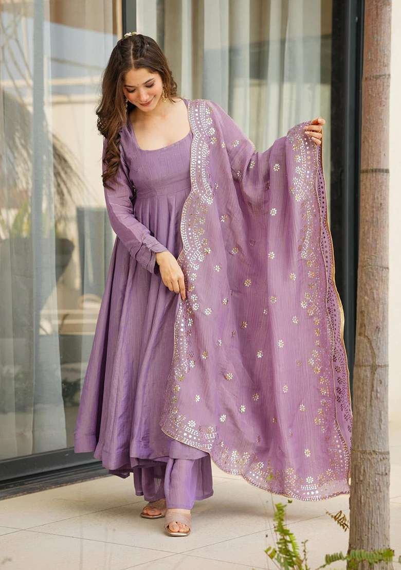 Pink Embroidered Blended Anarkali Set - Indya