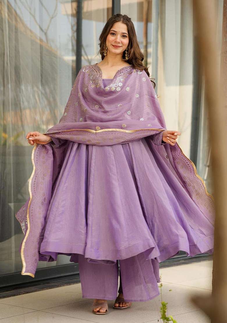Pink Embroidered Blended Anarkali Set - Indya