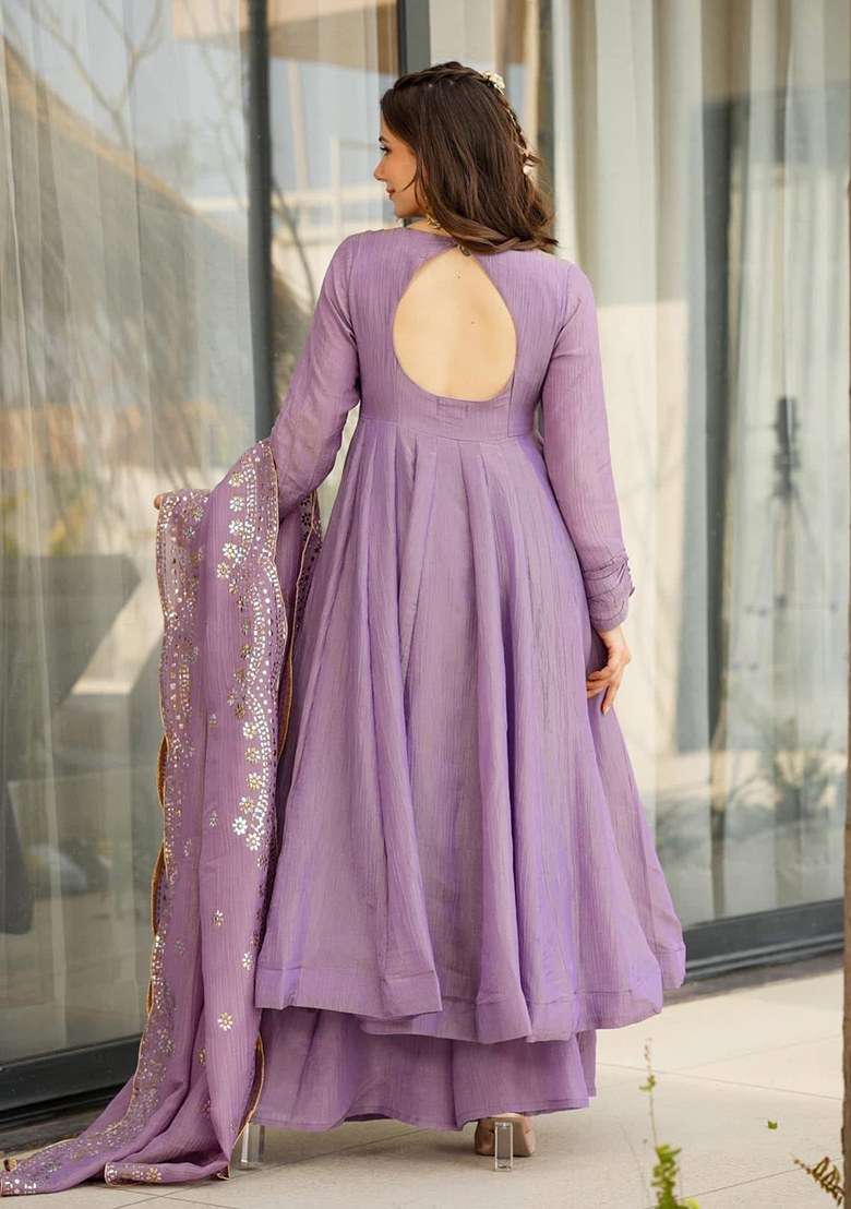 Pink Embroidered Blended Anarkali Set - Indya