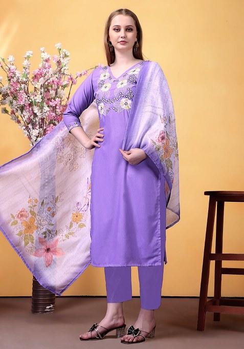 Purple Embroidered Blended Kurta Set