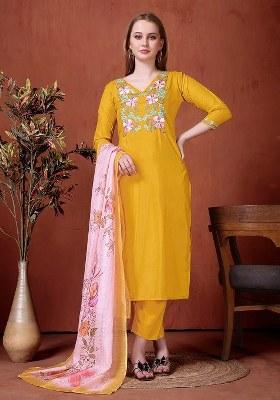 Yellow Embroidered Blended Kurta Set