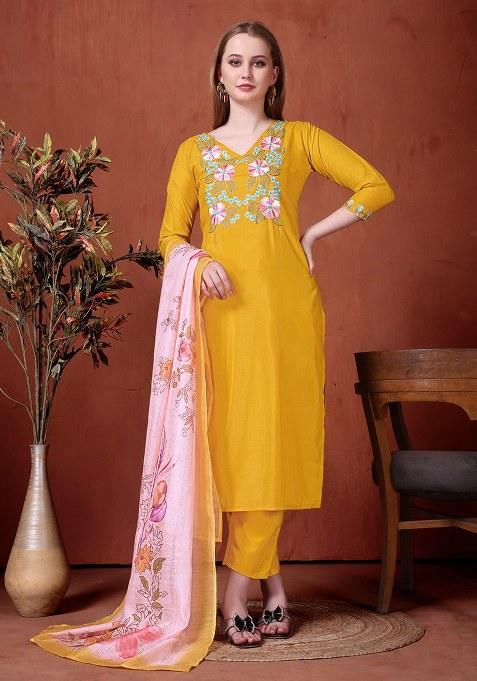 Yellow Embroidered Blended Kurta Set