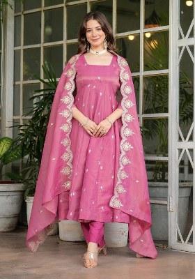 Pink Embroidered Blended A Line Kurta Set