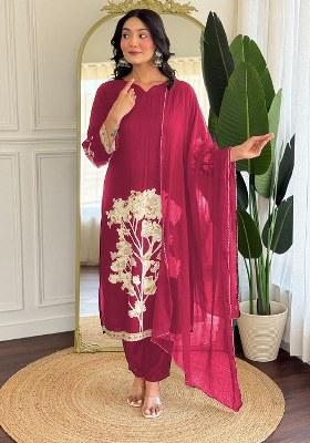 Maroon Embroidered Blended Kurta Set